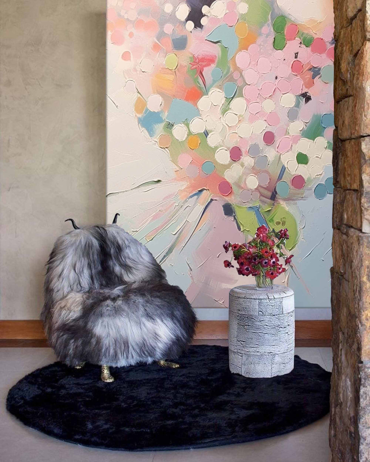 Impasto Textured Floral Vase Painting Soft Pink Wall Art
