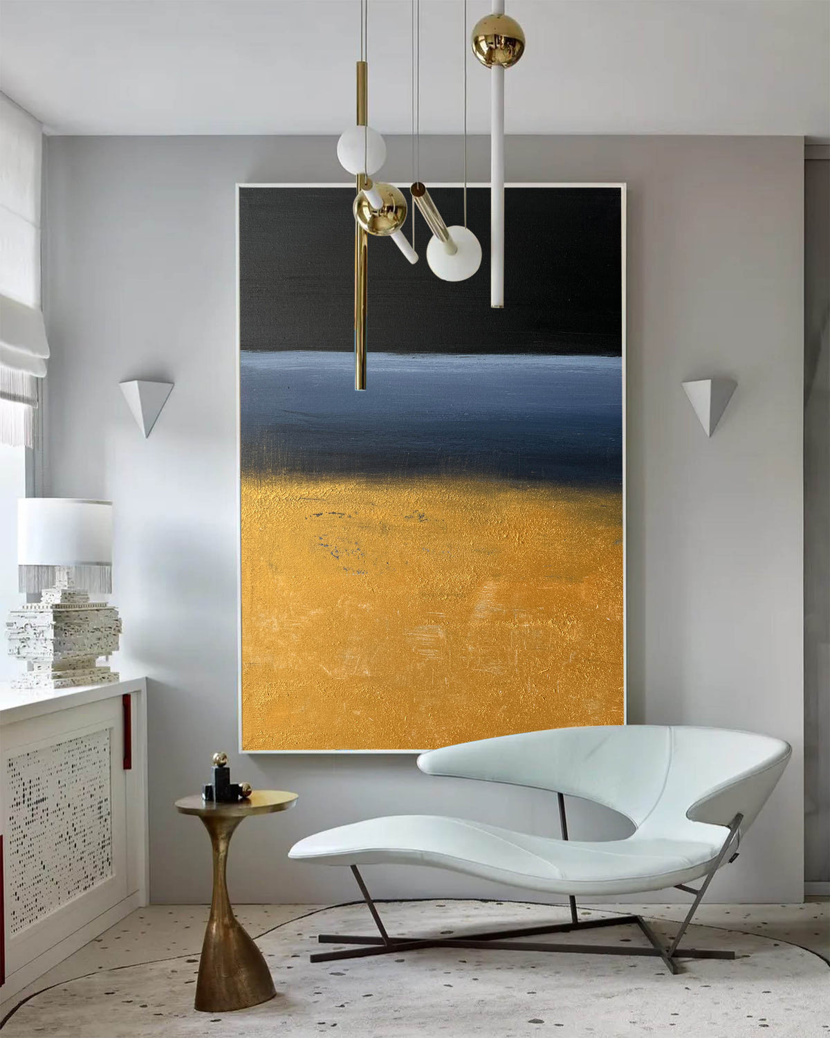Gold Black Blue Abstract Wall Art Vertical
