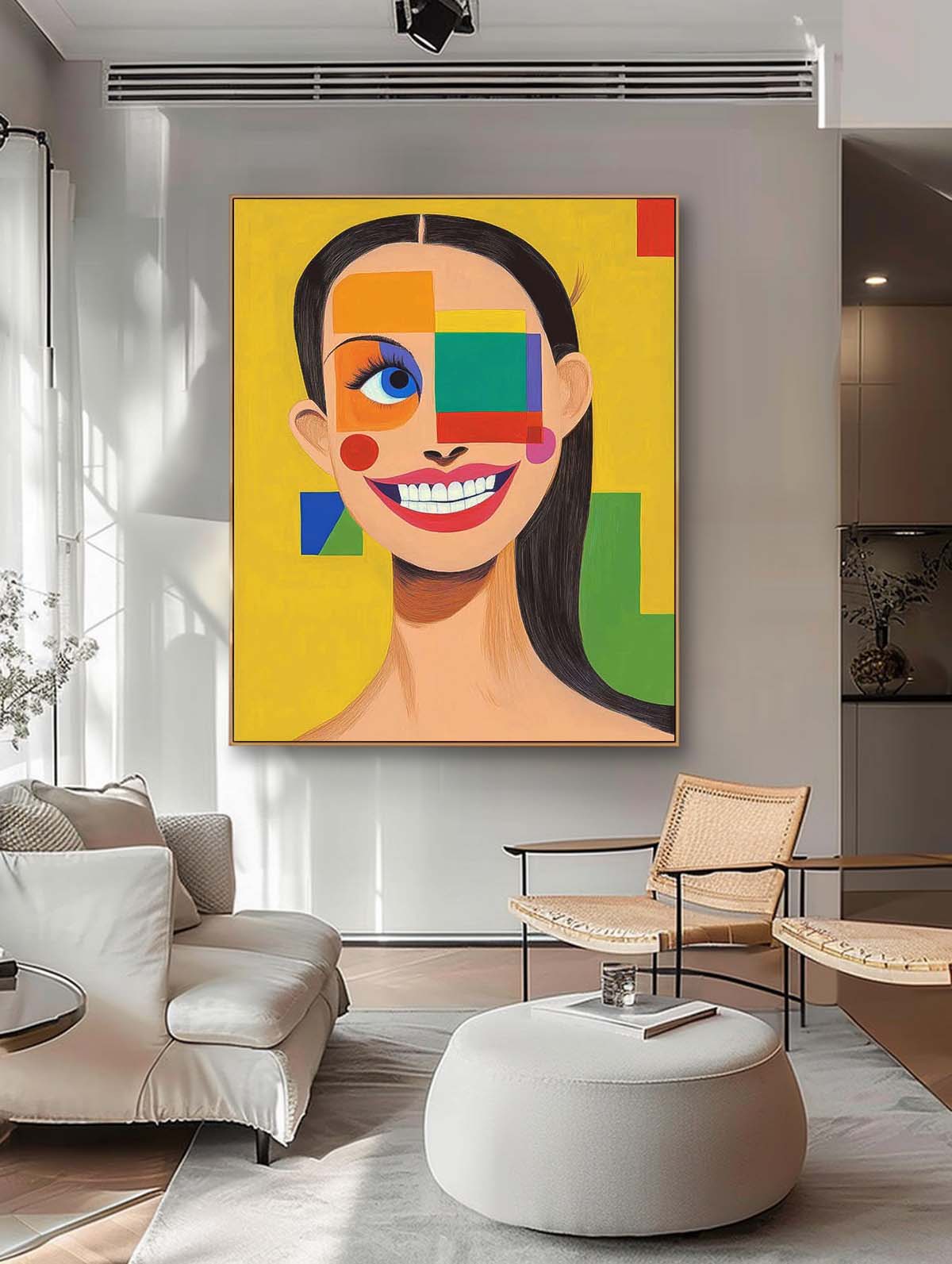 Vibrant Geometric Pop-Art Grin Portrait Oil Painting