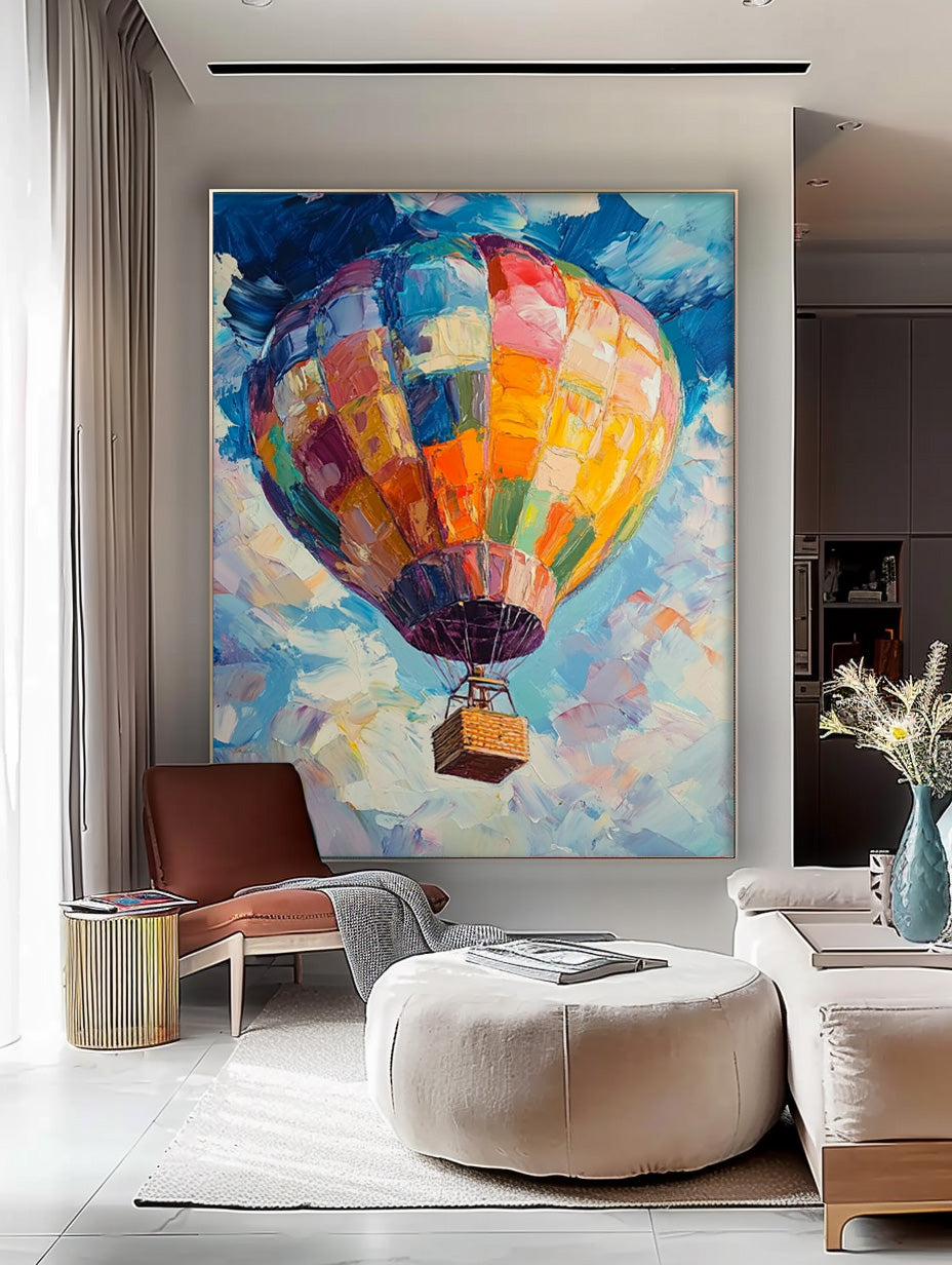Vibrant Colorful Hot Air Balloon Impasto Oil Painting