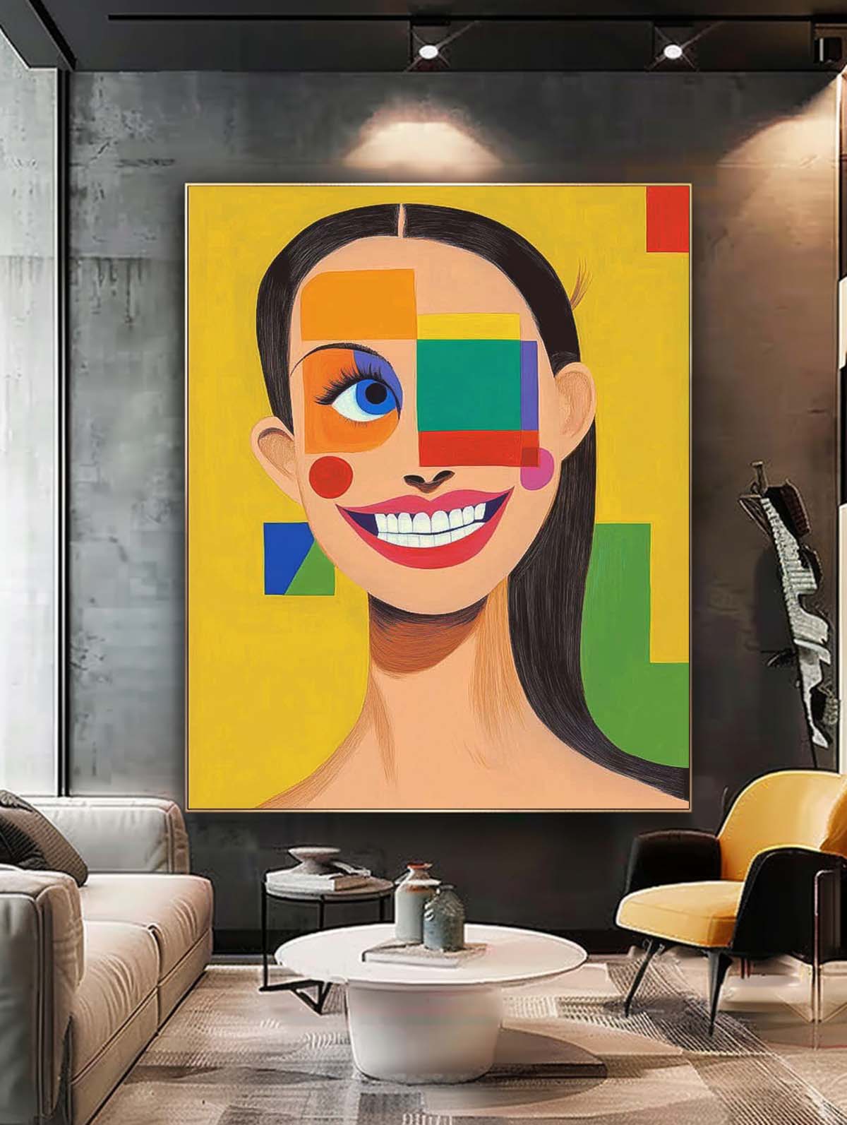 Vibrant Geometric Pop-Art Grin Portrait Oil Painting