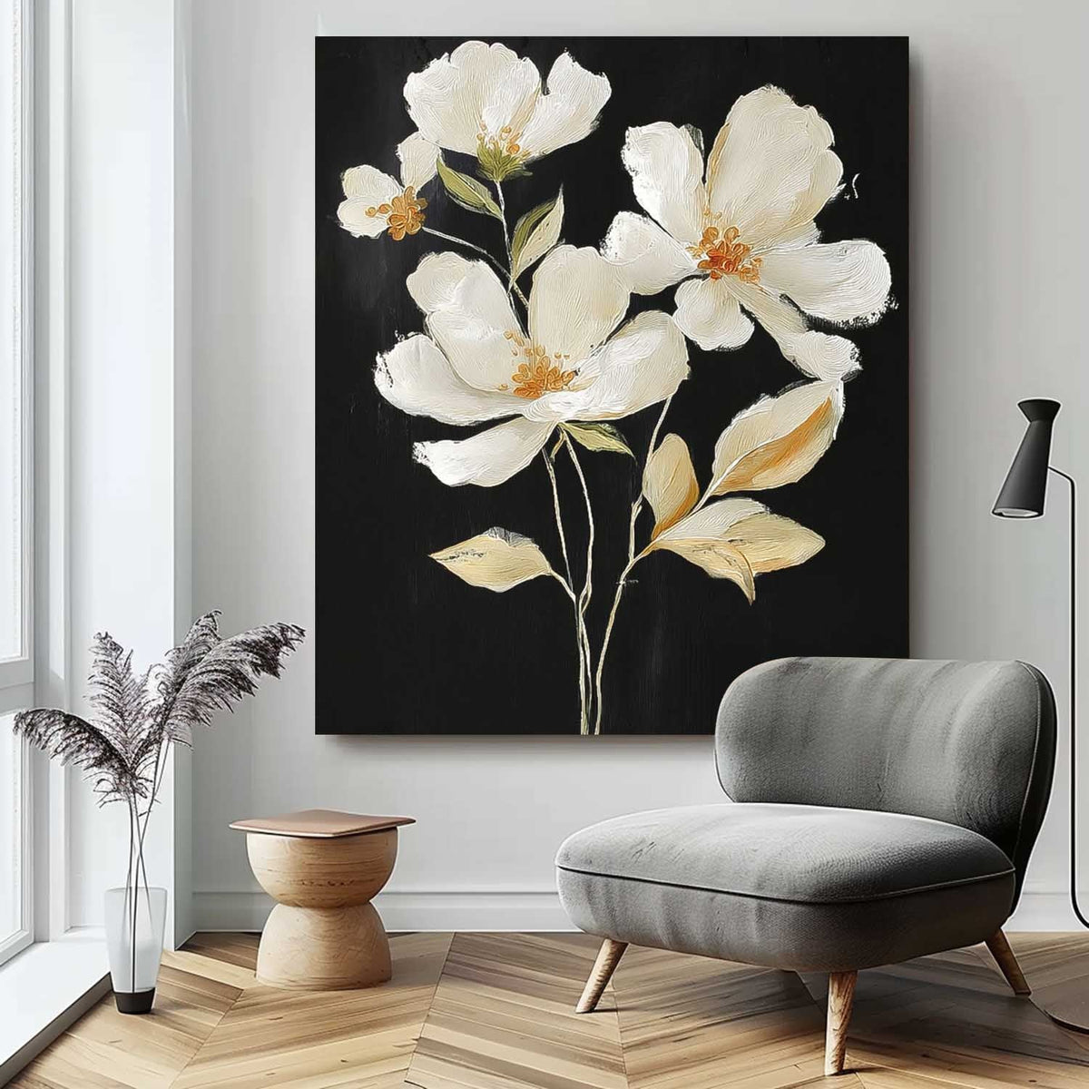White Floral Oil Painting Contrast Black Background
