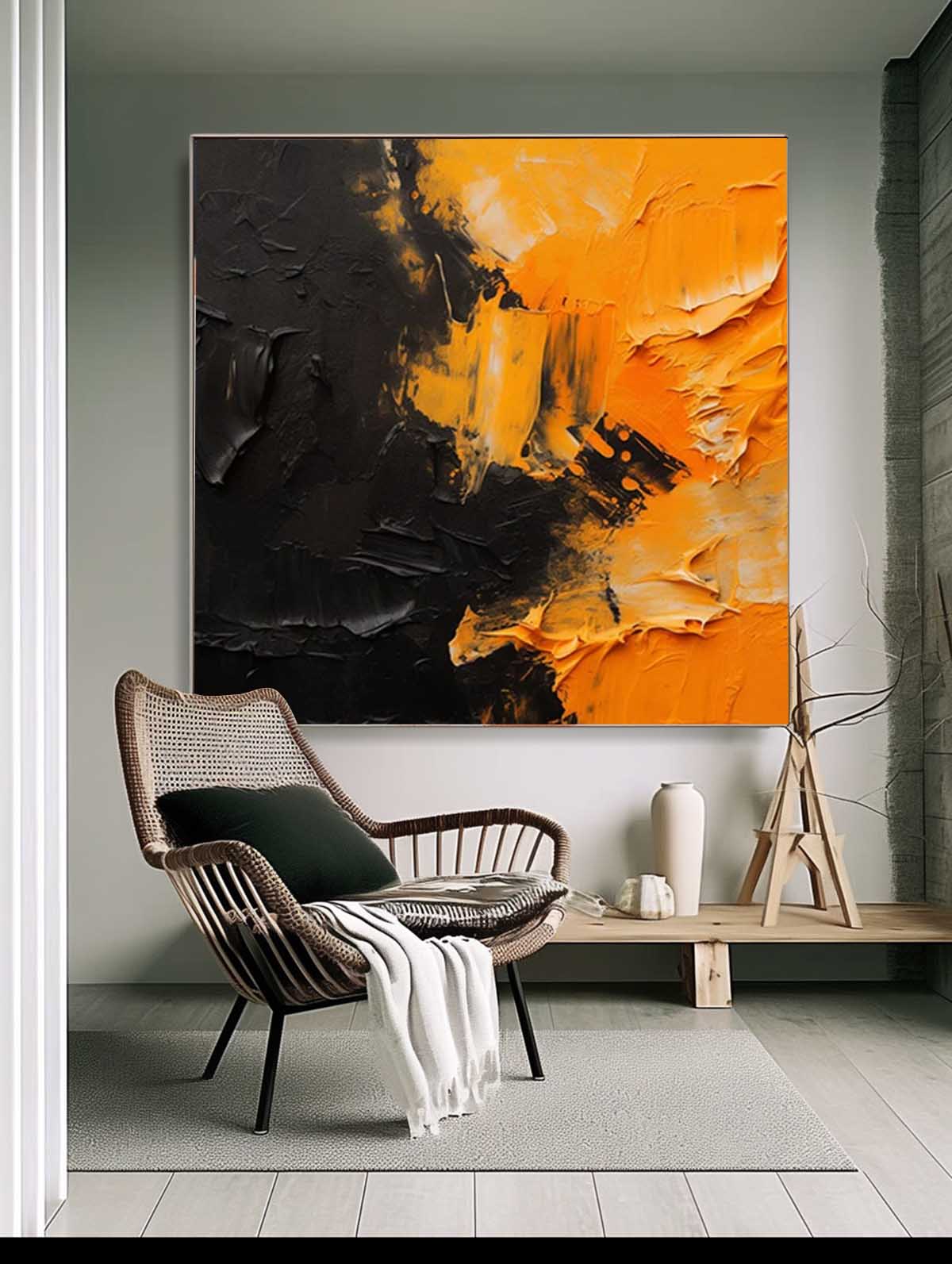 Bold Impasto Abstract Oil Painting Orange Black