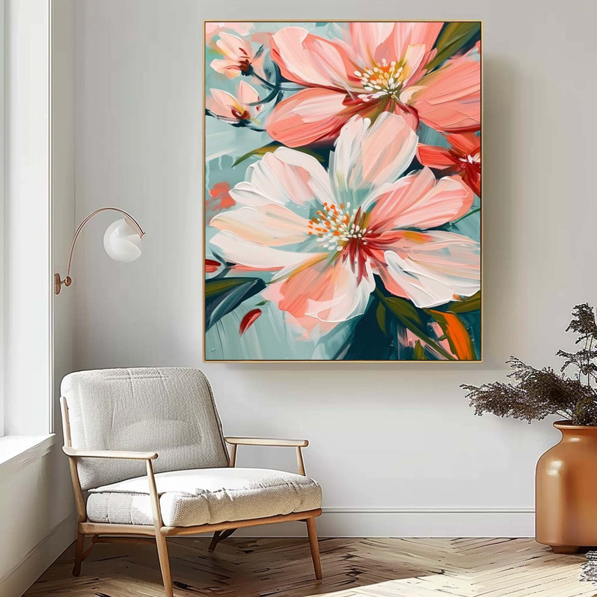 Blush Pink Floral Close Up Oil Painting Soft Teal