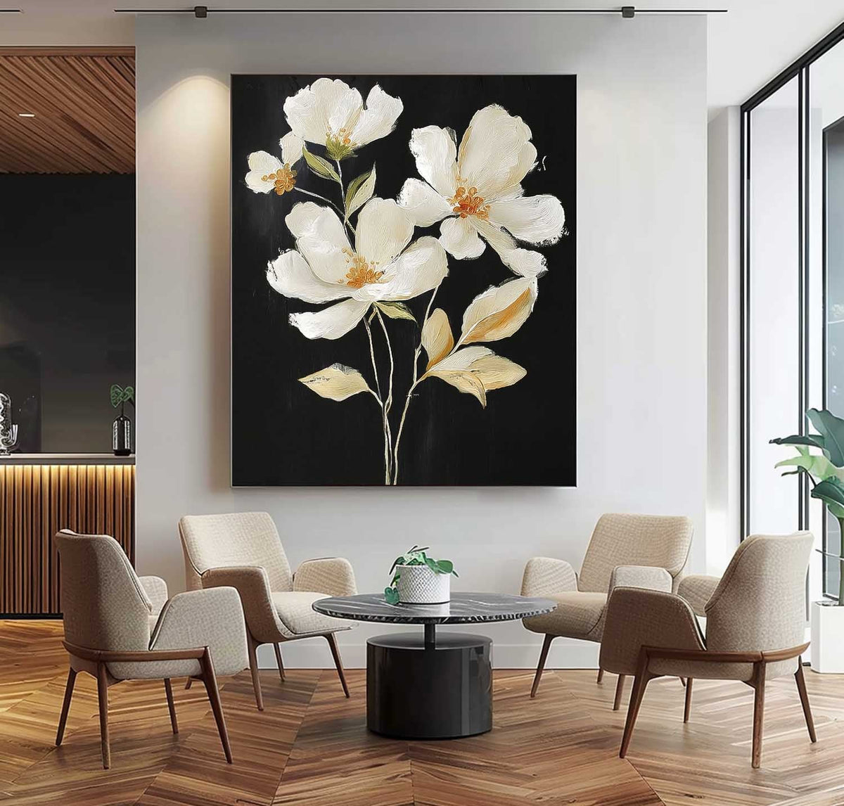 White Floral Oil Painting Contrast Black Background