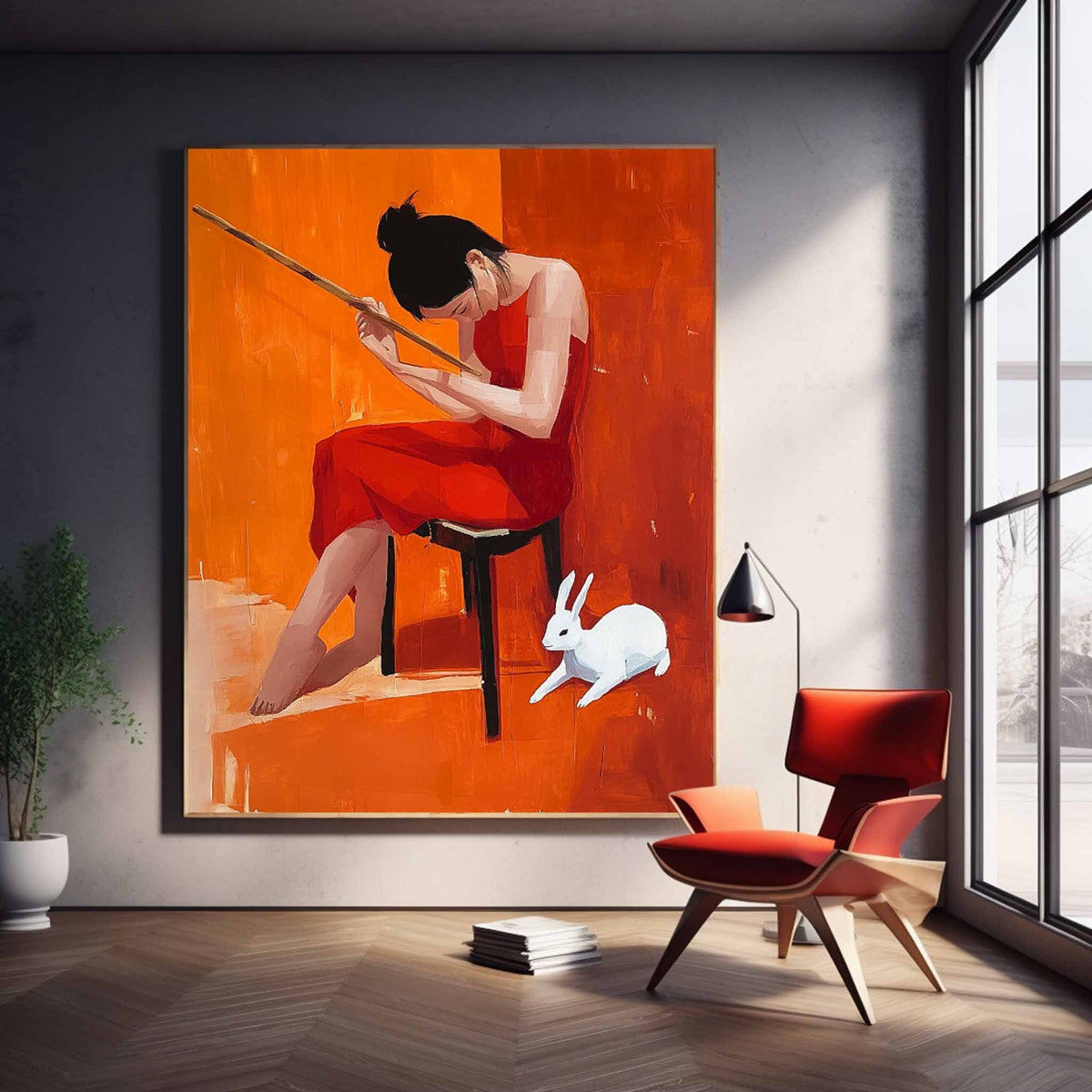 Woman In Red Dress With Rabbit Oil Painting