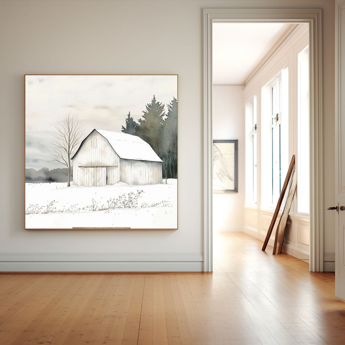 Rustic Winter Barn Watercolor Painting
