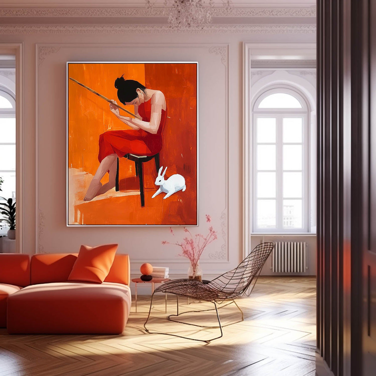 Woman In Red Dress With Rabbit Oil Painting
