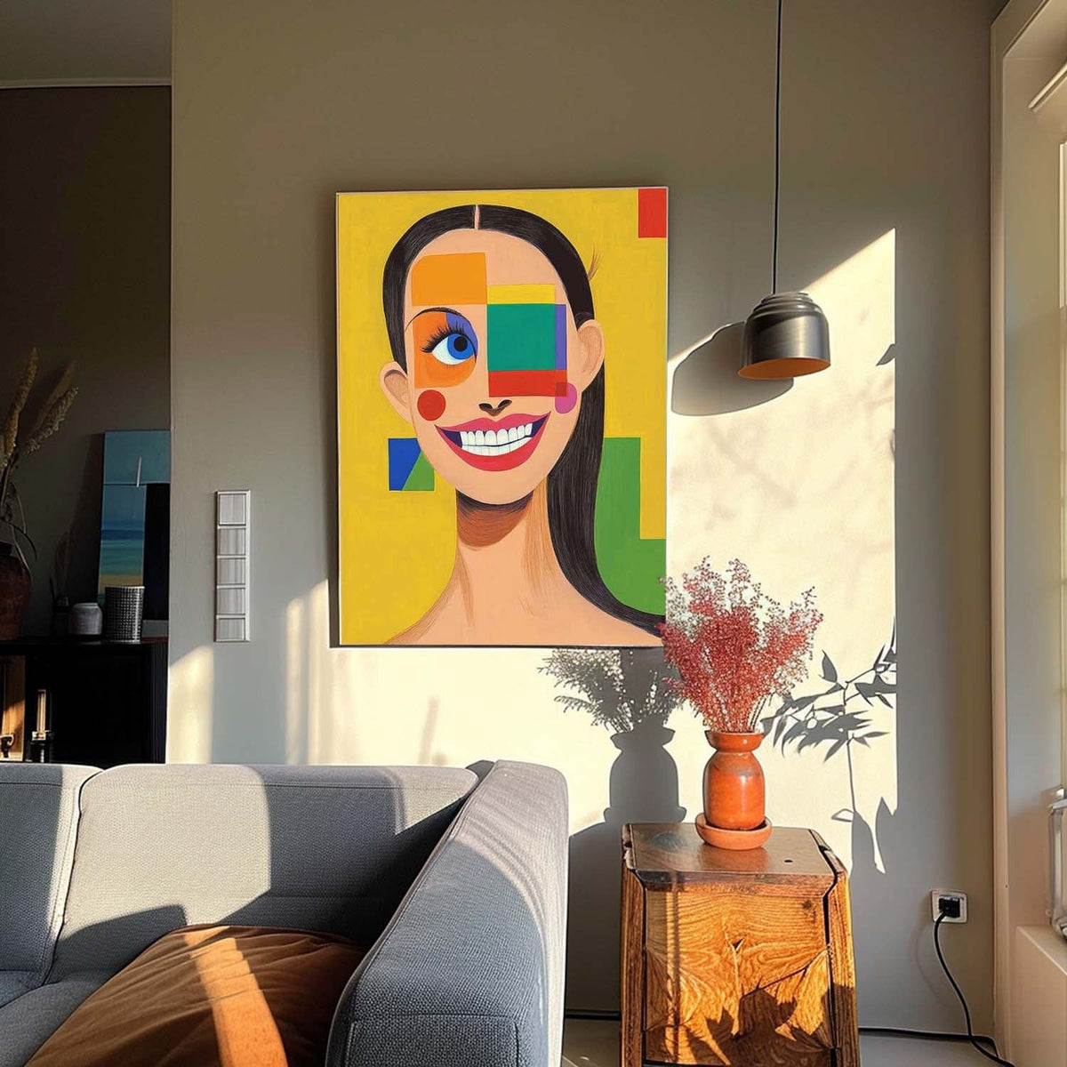 Vibrant Geometric Pop-Art Grin Portrait Oil Painting