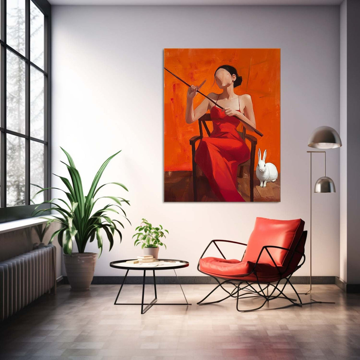 Faceless Woman In Red Dress Rabbit Oil Painting
