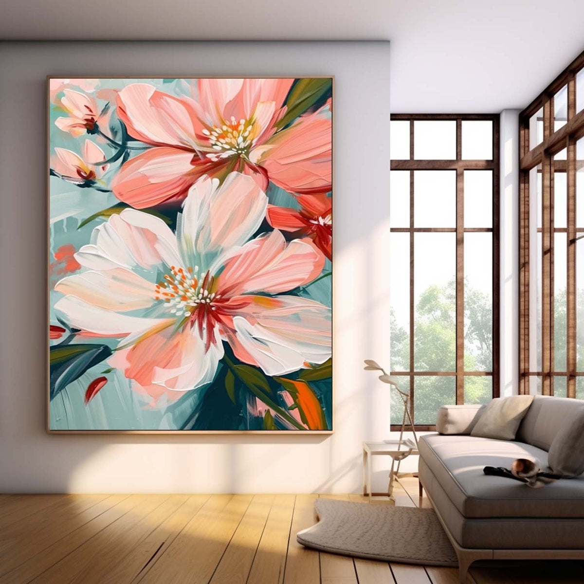 Blush Pink Floral Close Up Oil Painting Soft Teal