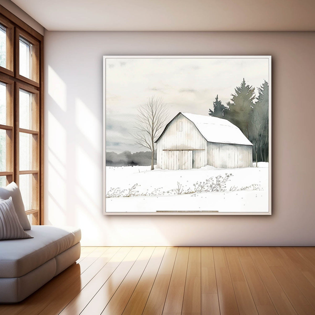 Rustic Winter Barn Watercolor Painting