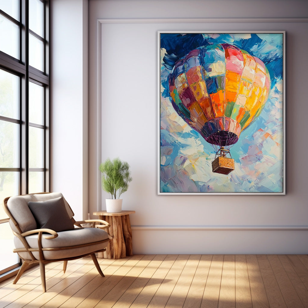 Vibrant Colorful Hot Air Balloon Impasto Oil Painting
