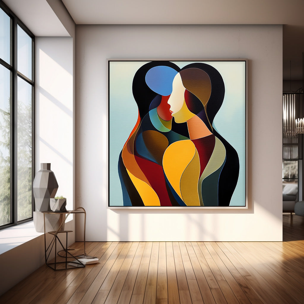Intimate Color-Blocked Embrace Painting