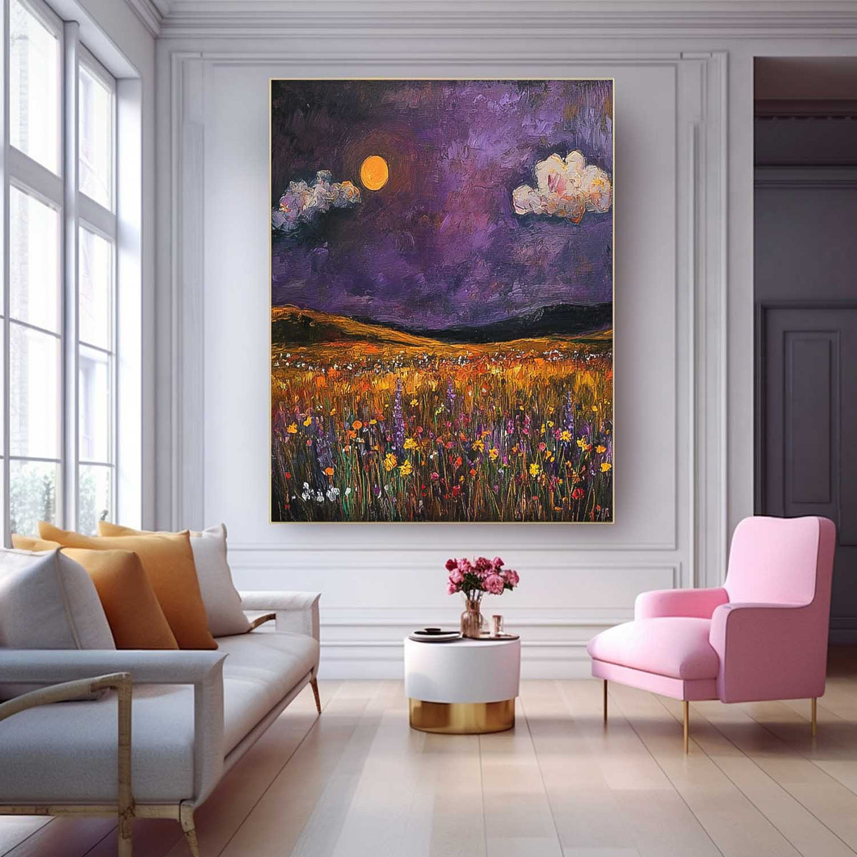 Moonlit Golden Meadow Impressionist Oil Painting
