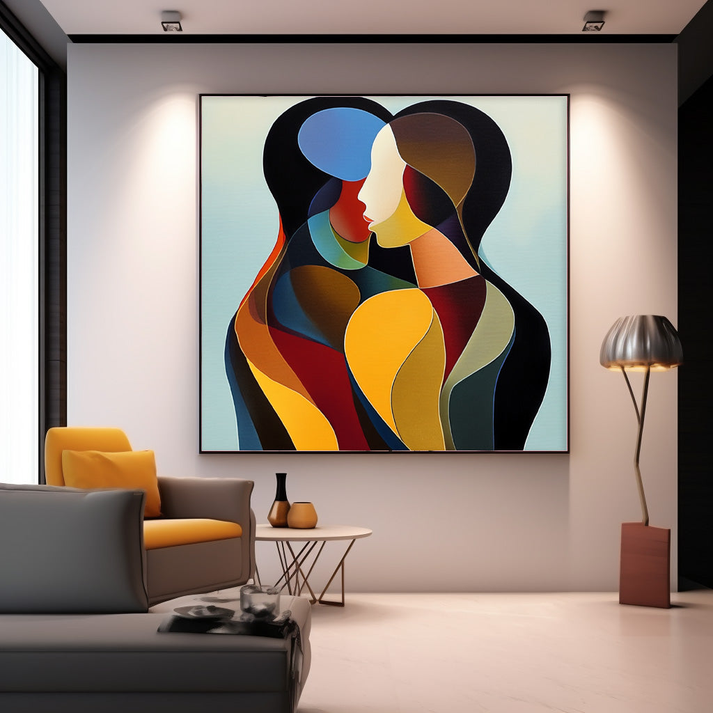 Intimate Color-Blocked Embrace Painting