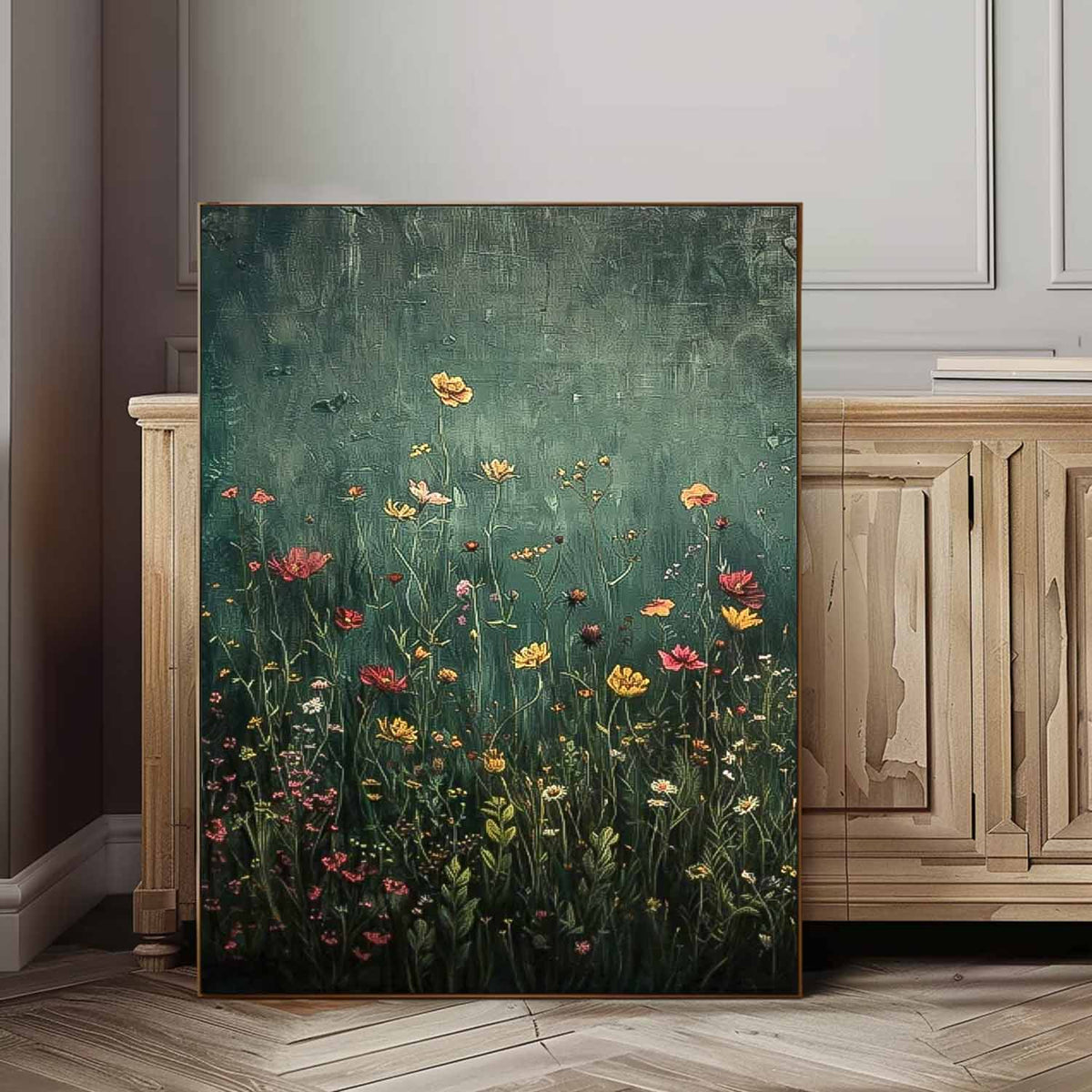 Vintage Wildflower Meadow Textured Oil Painting