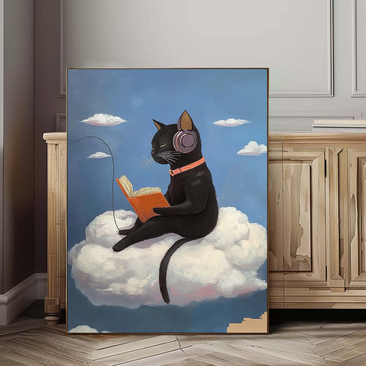 Black Cat Headphones Reading Cloud Painting