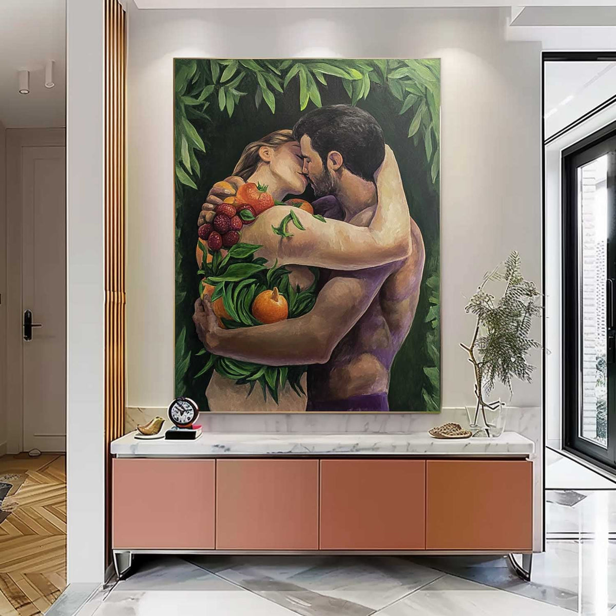 Romantic Couple Embrace Fruits Foliage Oil Painting