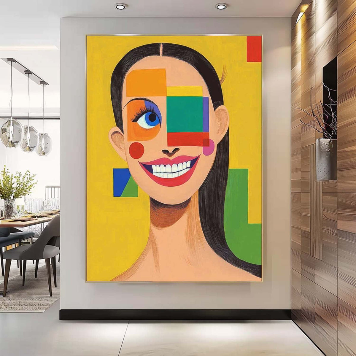 Vibrant Geometric Pop-Art Grin Portrait Oil Painting
