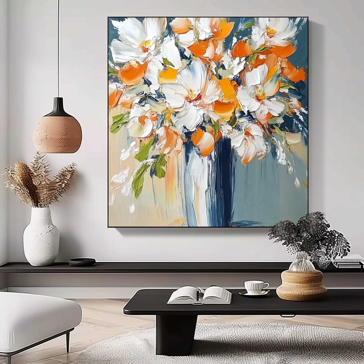 Vibrant Orange White Floral Bouquet Oil Painting