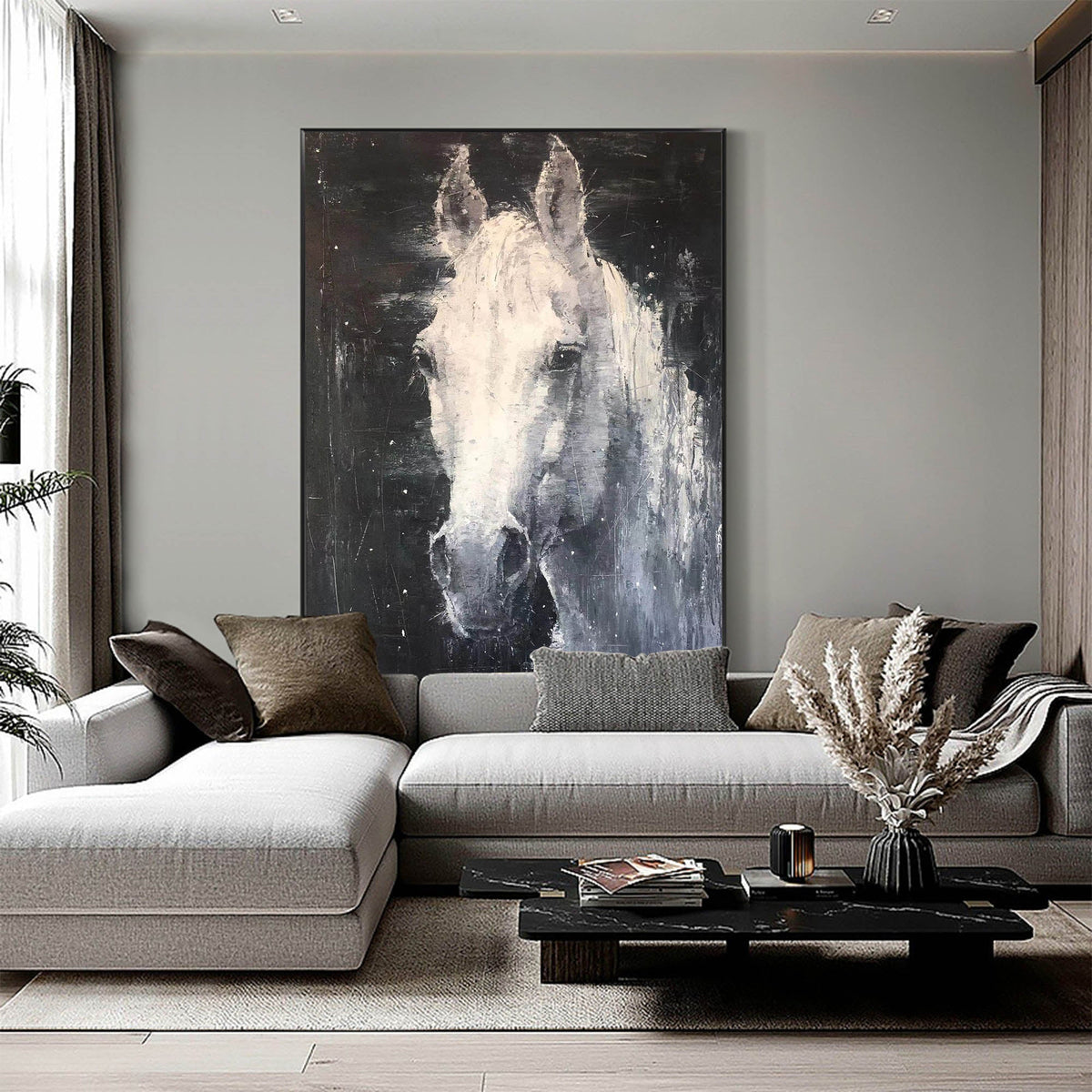 Nocturnal White Horse Portrait Painting