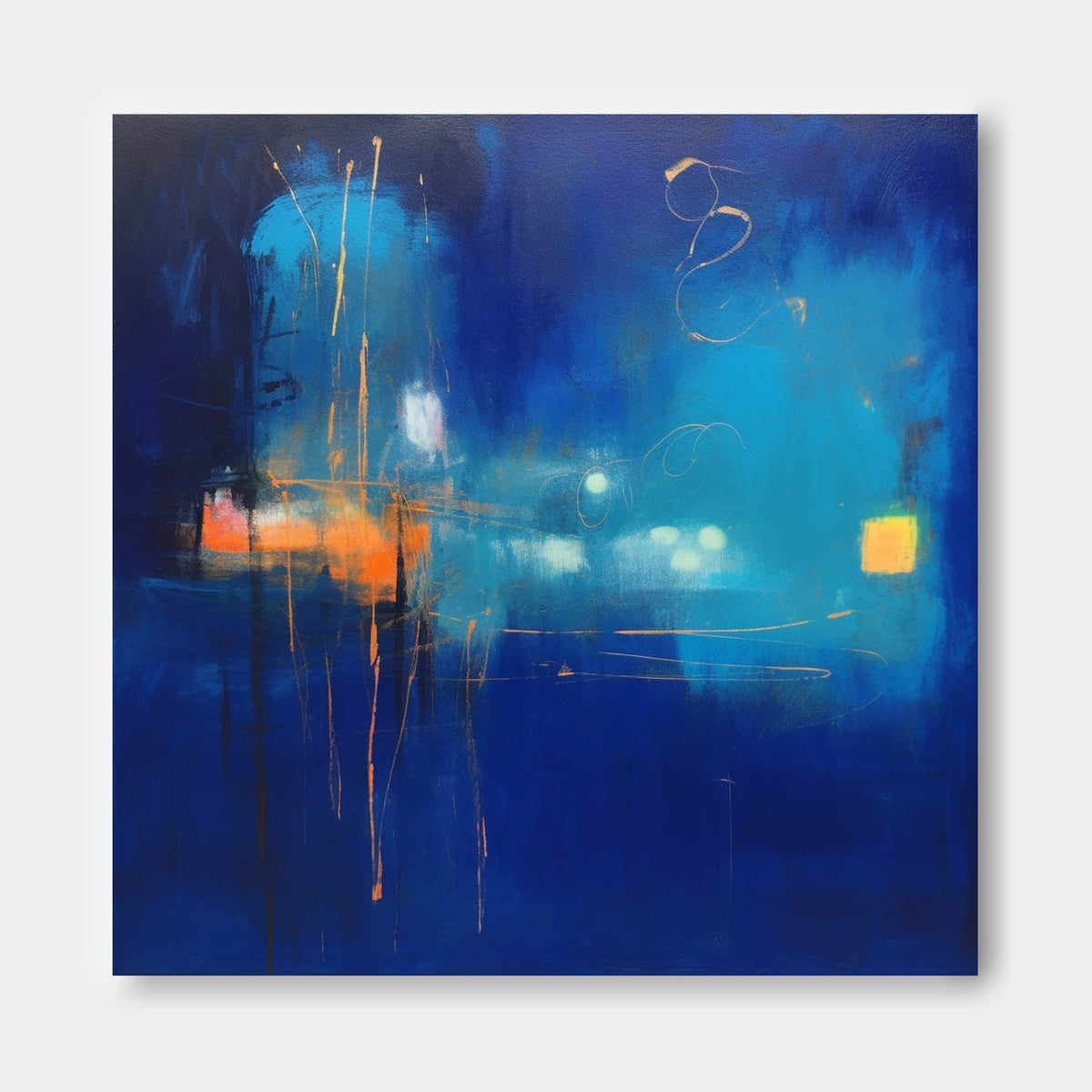 Expressionist City Lights Painting Deep Blue Wall Art