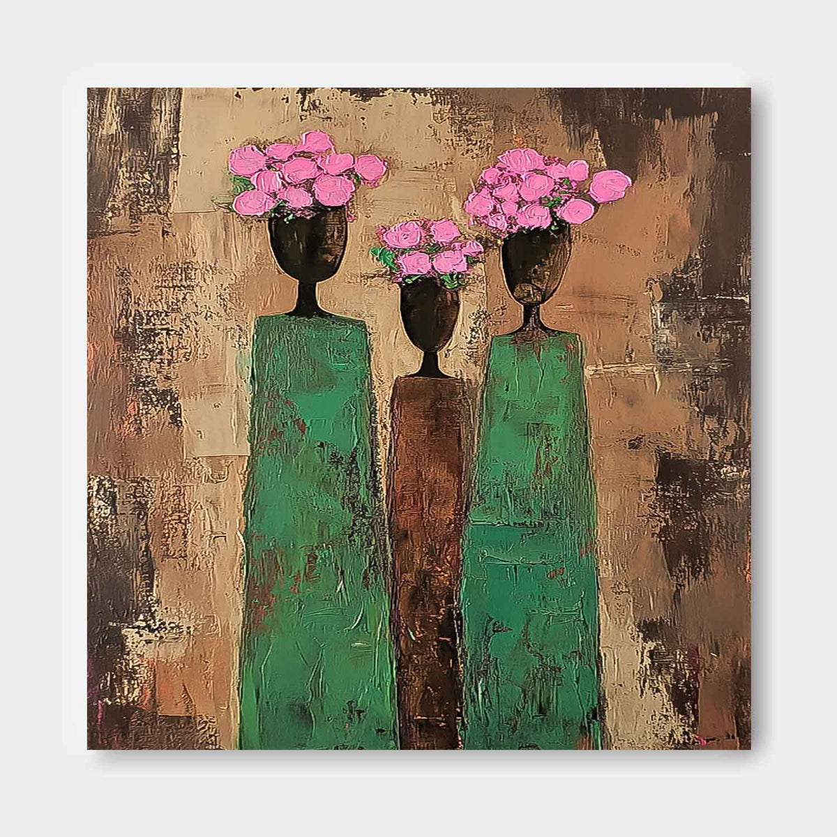 Three Vase Floral Oil Painting Green Pink