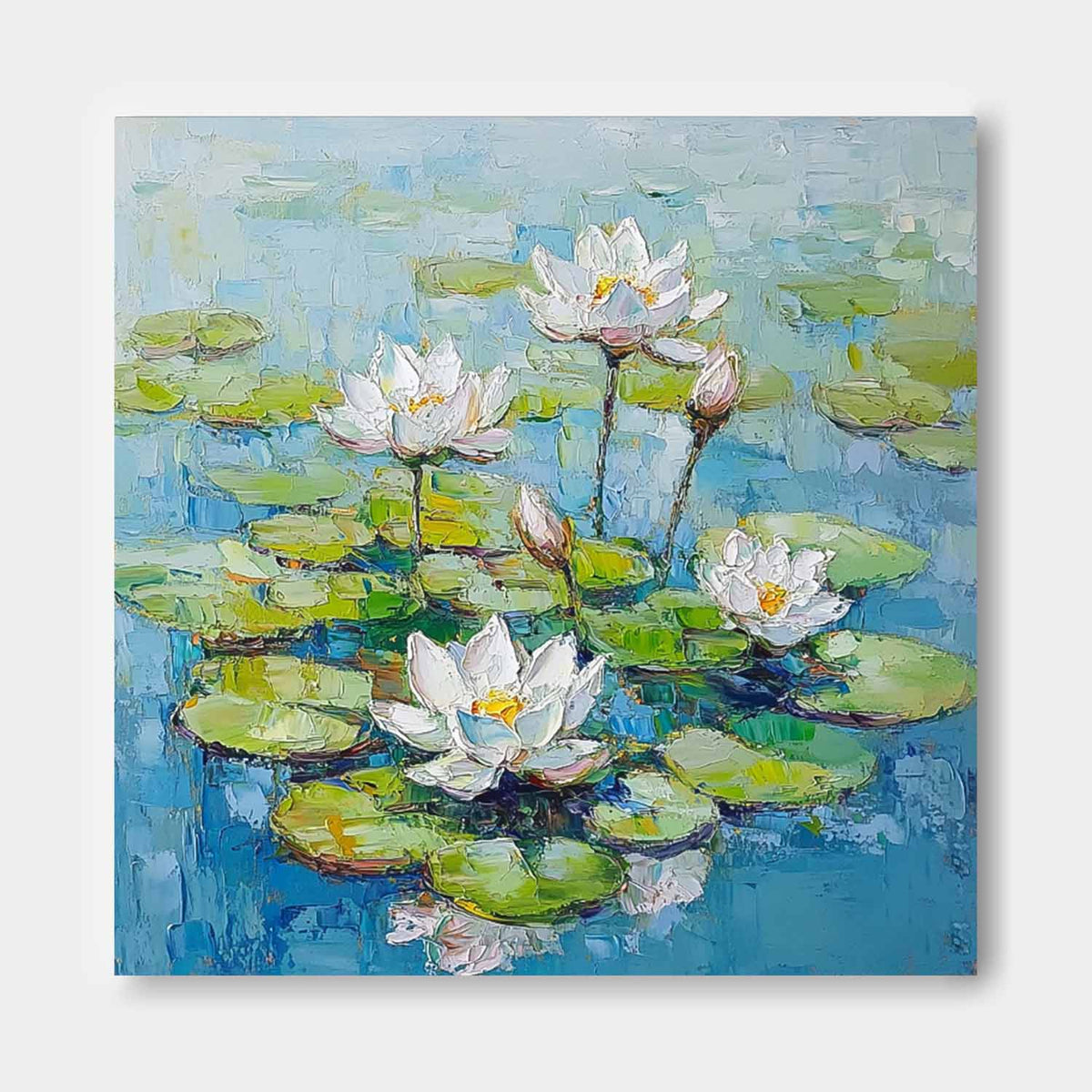 Impasto Water Lily Painting Serene Blue & Green