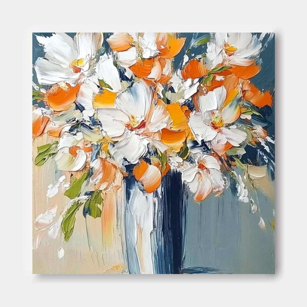 Vibrant Orange White Floral Bouquet Oil Painting