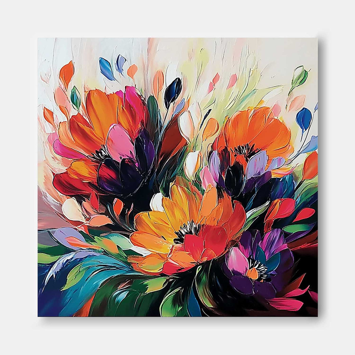 Floral Bouquet Oil Painting Fiery Orange And Purple