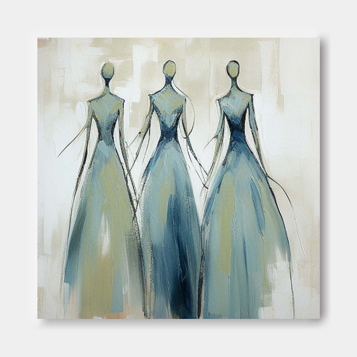 Three Elegant Figures In Blue Gowns Feminine