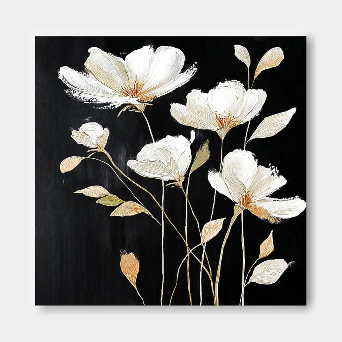 White Wildflower Impasto Oil Painting Black