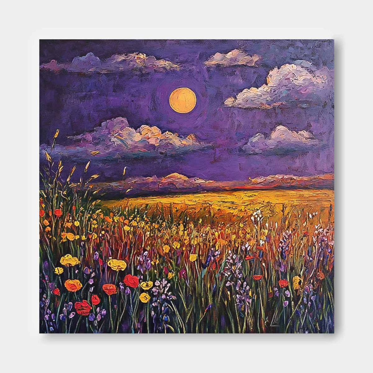 Moonlit Wildflower Field Under Purple Sky Impressionist