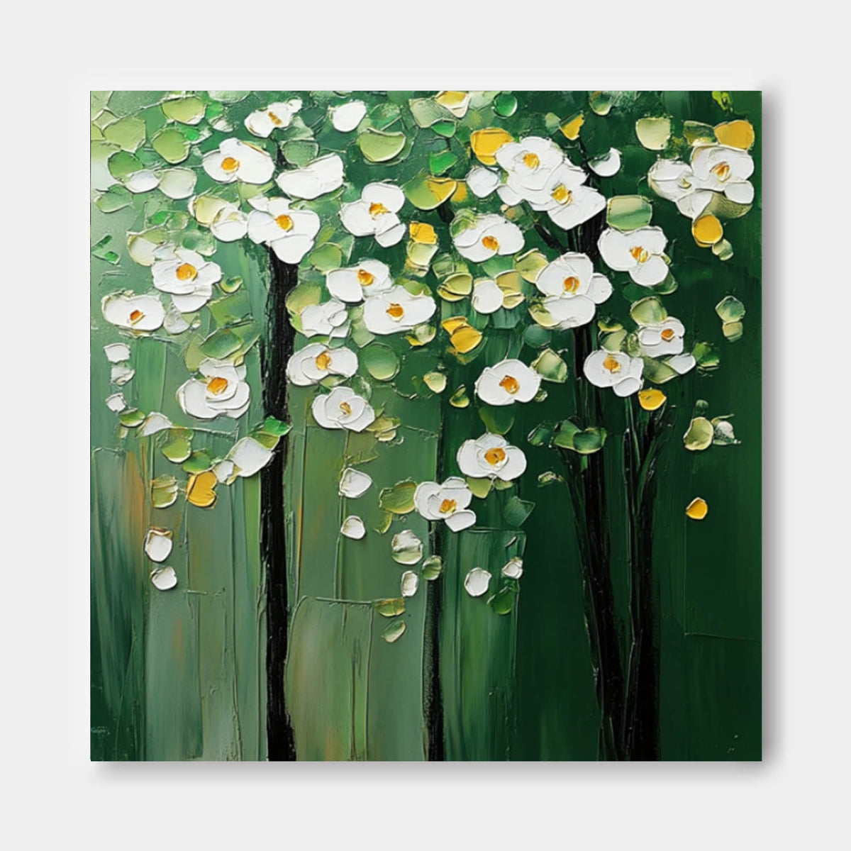 Textured Floral Tree Oil Painting White Flowers Green