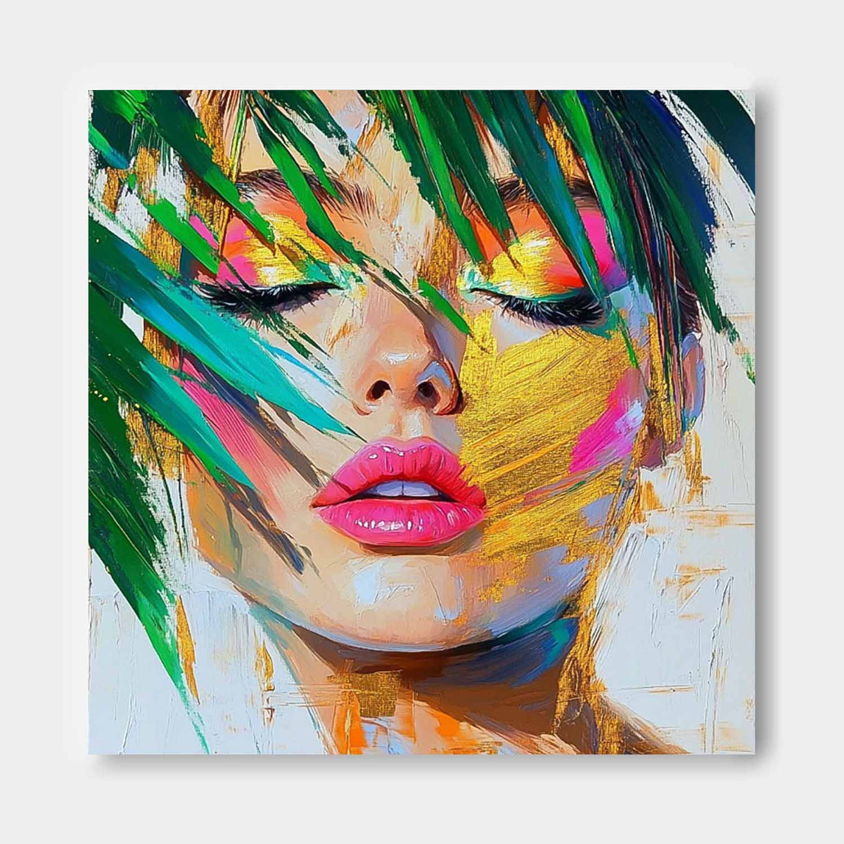 Serene Tropical Woman Portrait Gold Leaf Oil Painting