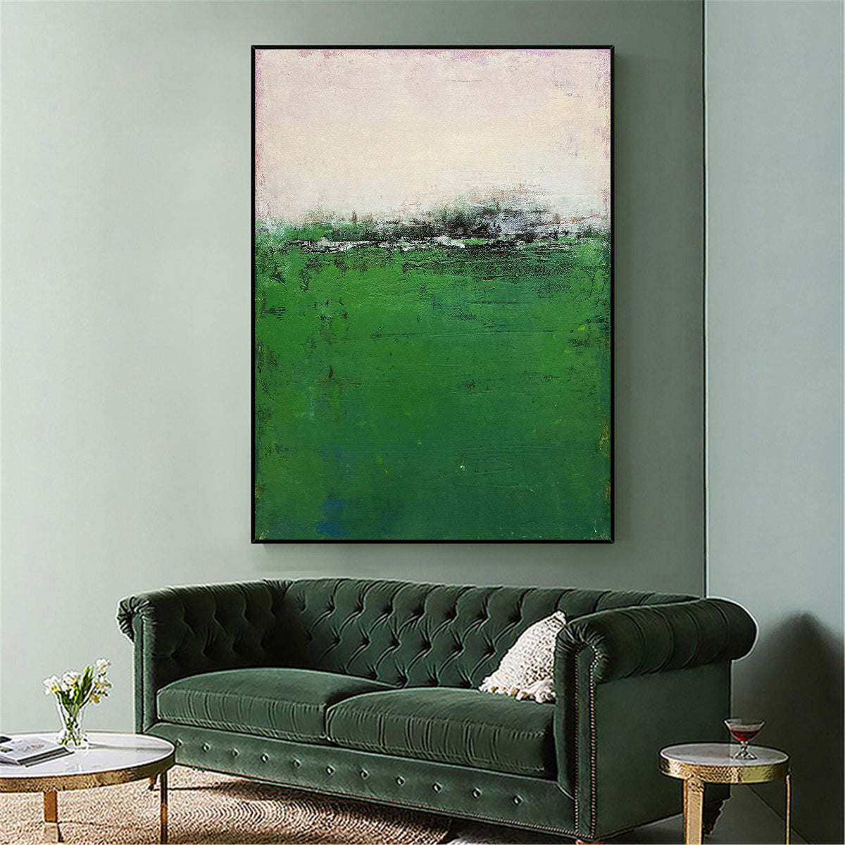 Minimalist Green White Abstract Landscape Oil Painting