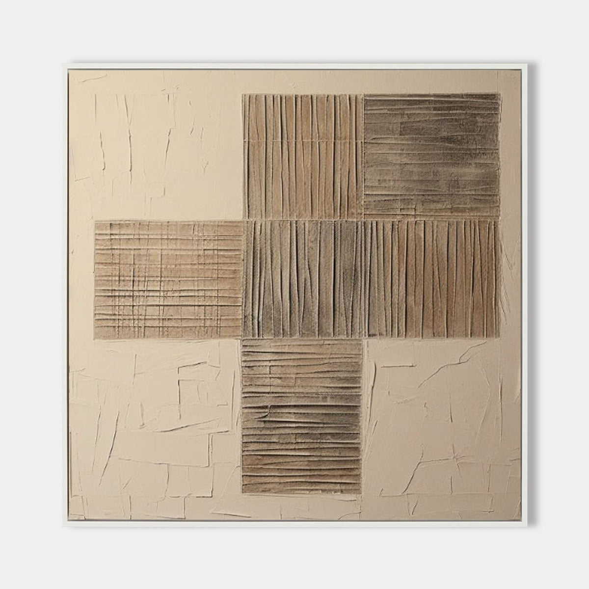 Wabi-Sabi Neutral Toned Textured Grid Panel Oil Painting