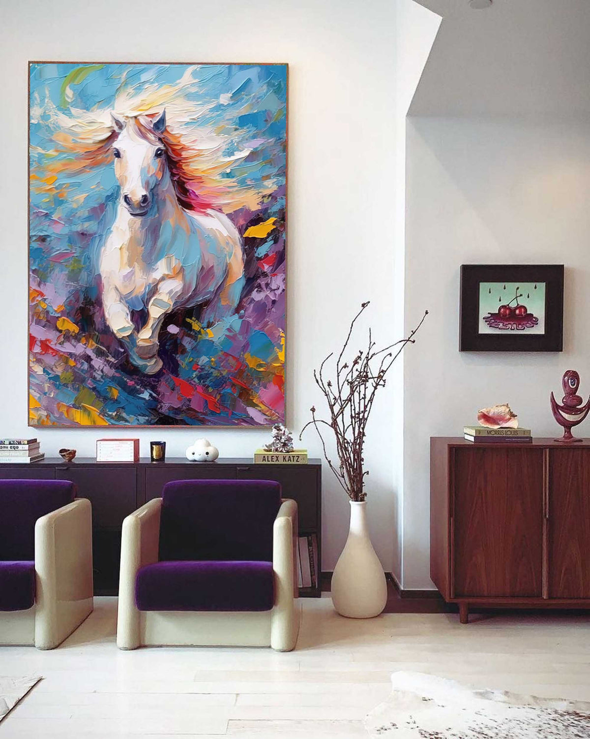 Wall Art White Galloping Horse Colorful Wild Meadow
