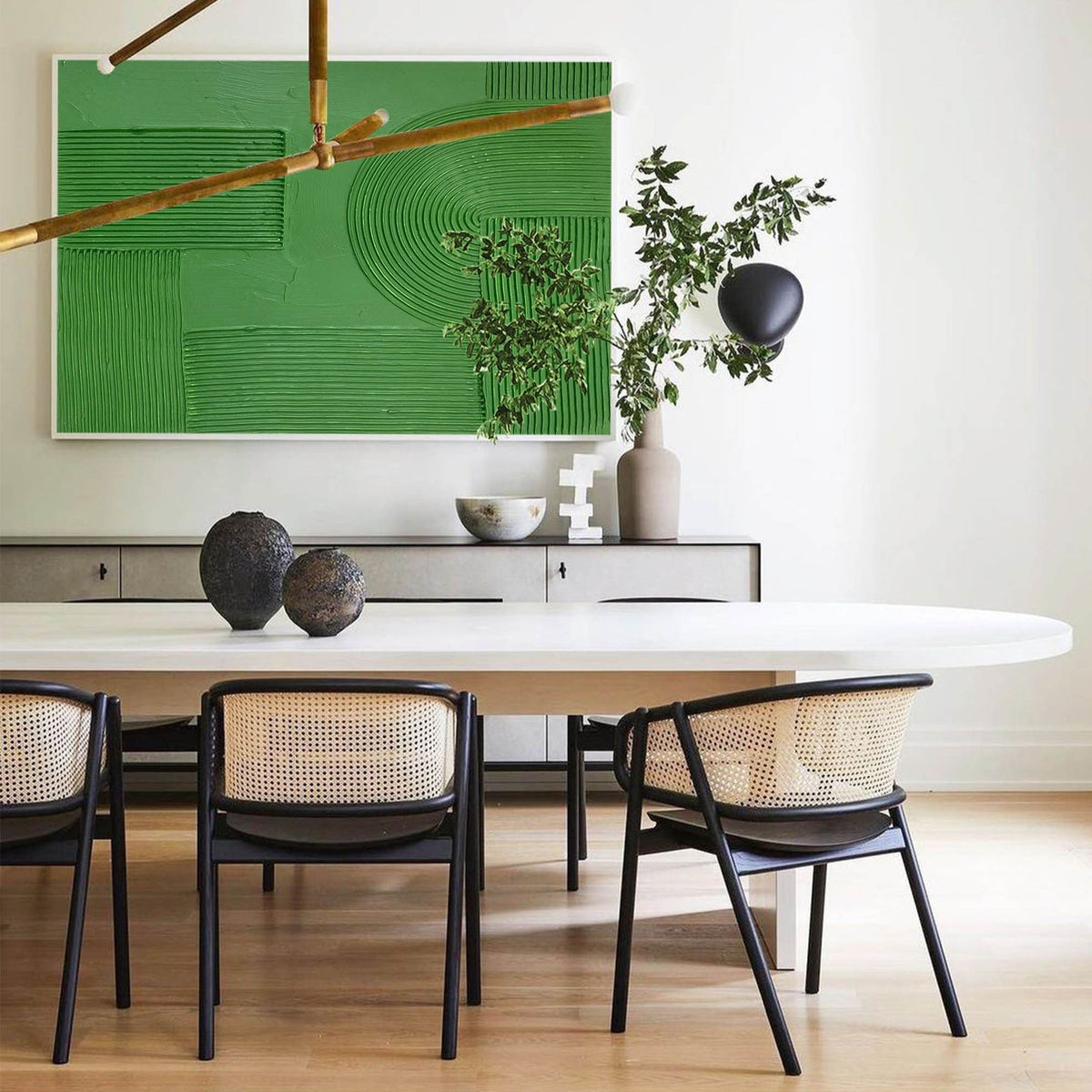 Solid‑Green Geometric Abstract  Ridged Heavy Textured Artwork