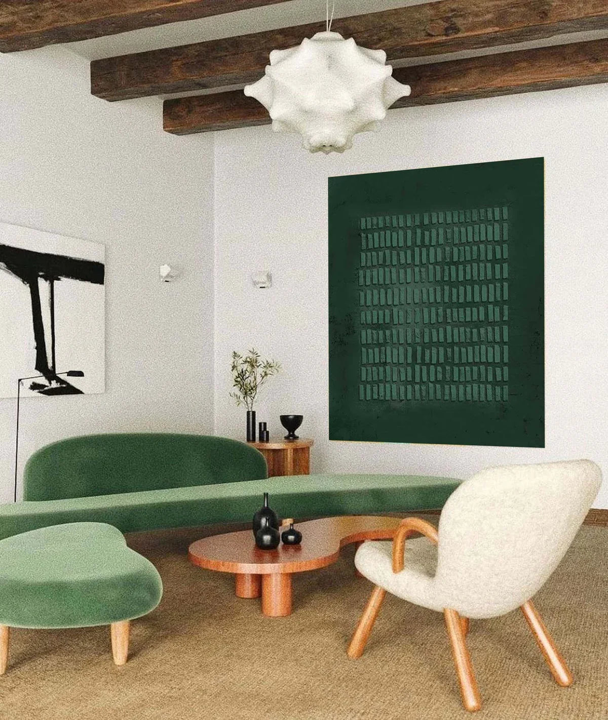 Dark Green Textured Grid Abstract Oil Painting