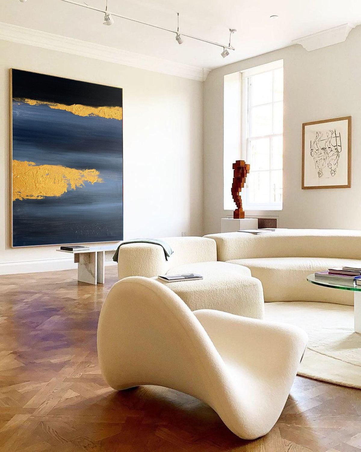 Metallic Gold Foil Deep Blue Abstract Linen Canvas Wall Hanging
