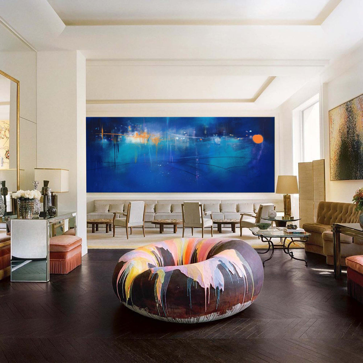 Expressionist Panoramic City Painting Deep Blue Modern