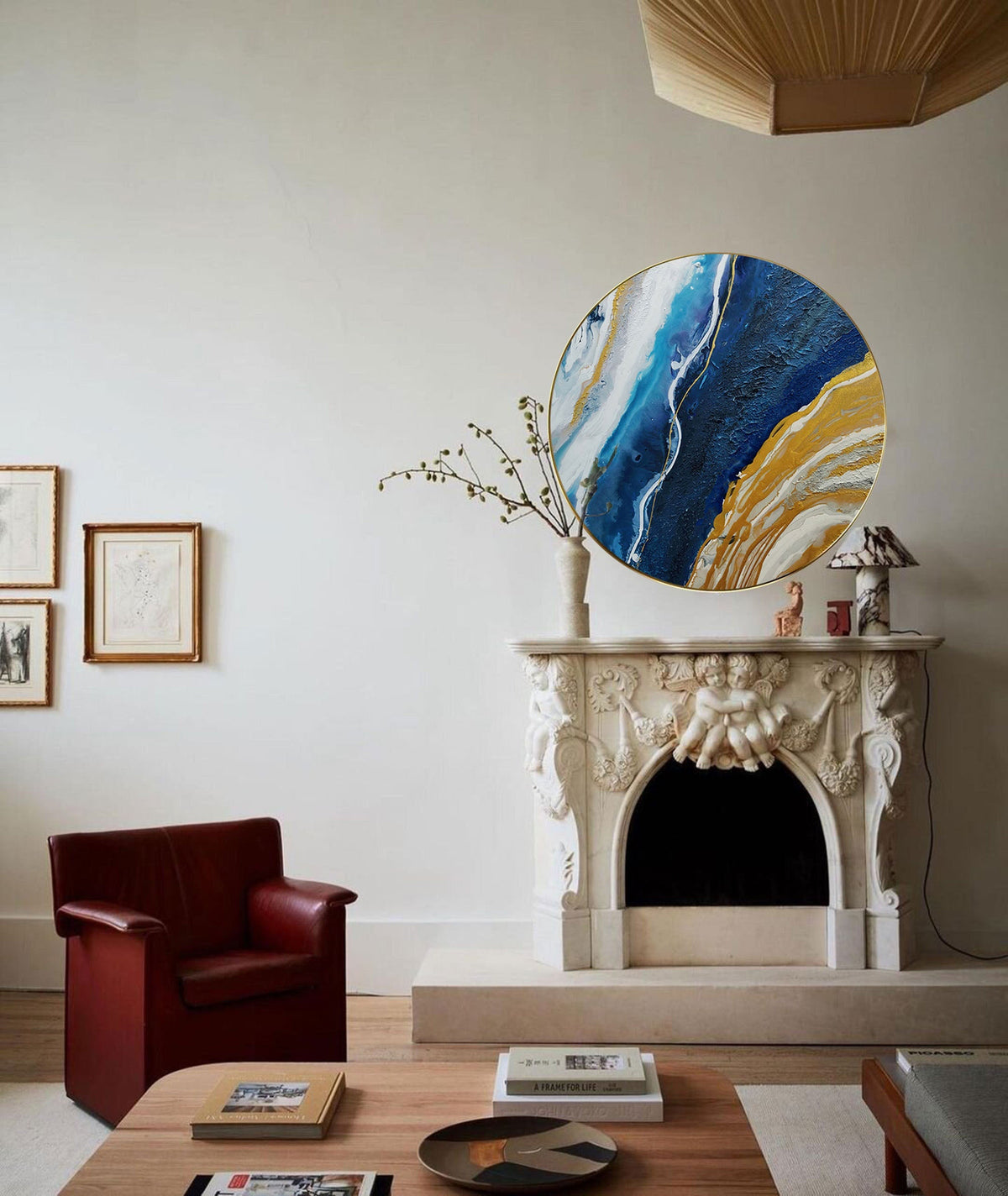 Wall Art Blue Gold Round Abstract Marble Modern Texture Living Room