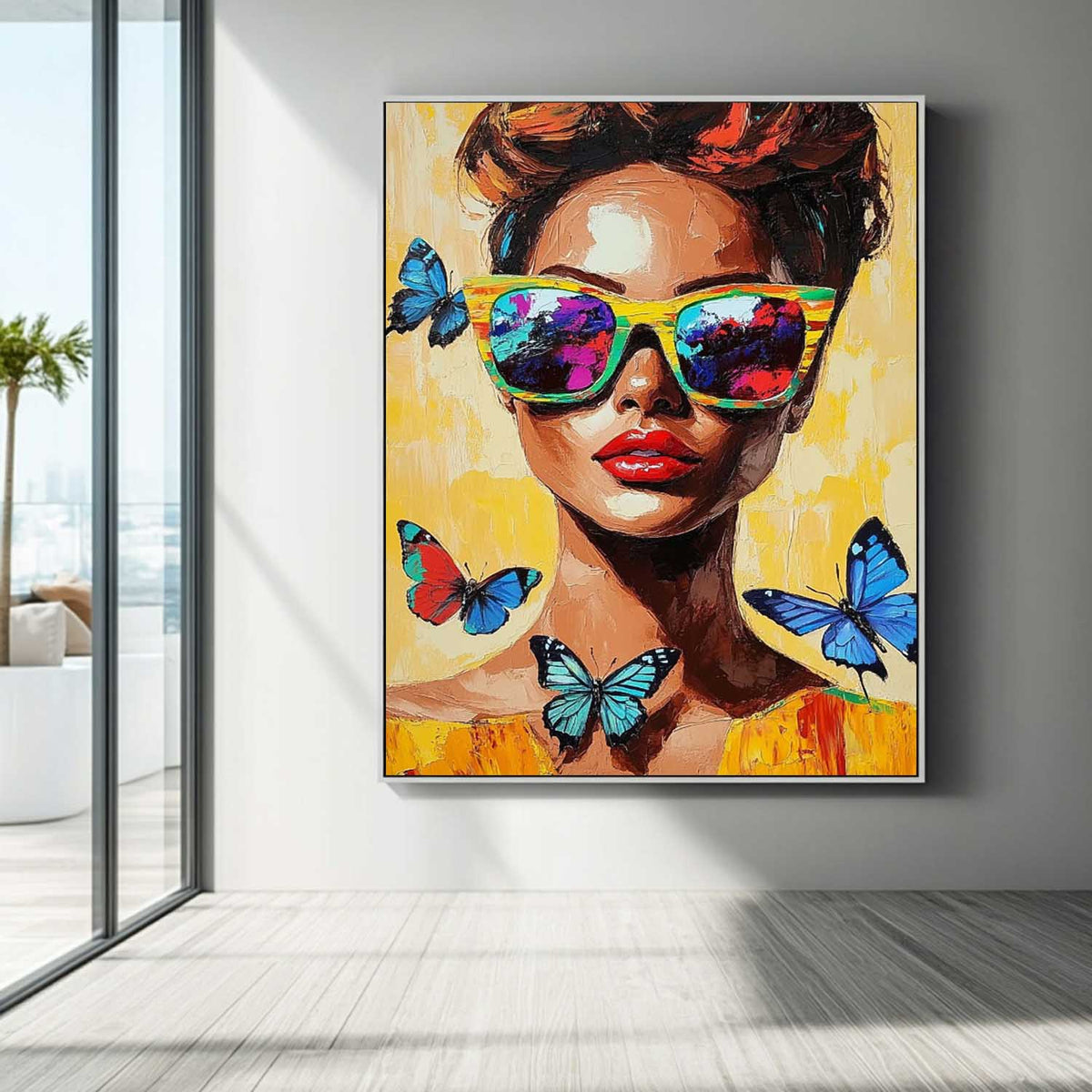 Woman Sunglasses Butterflies Oil Painting