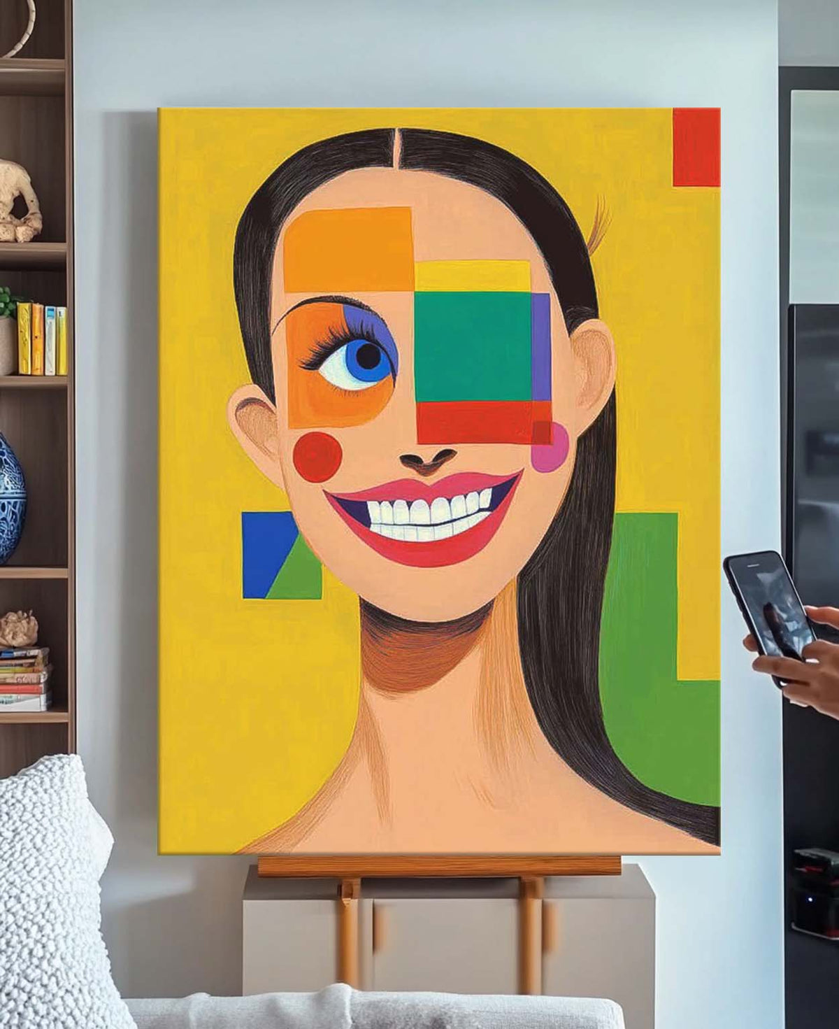 Vibrant Geometric Pop-Art Grin Portrait Oil Painting