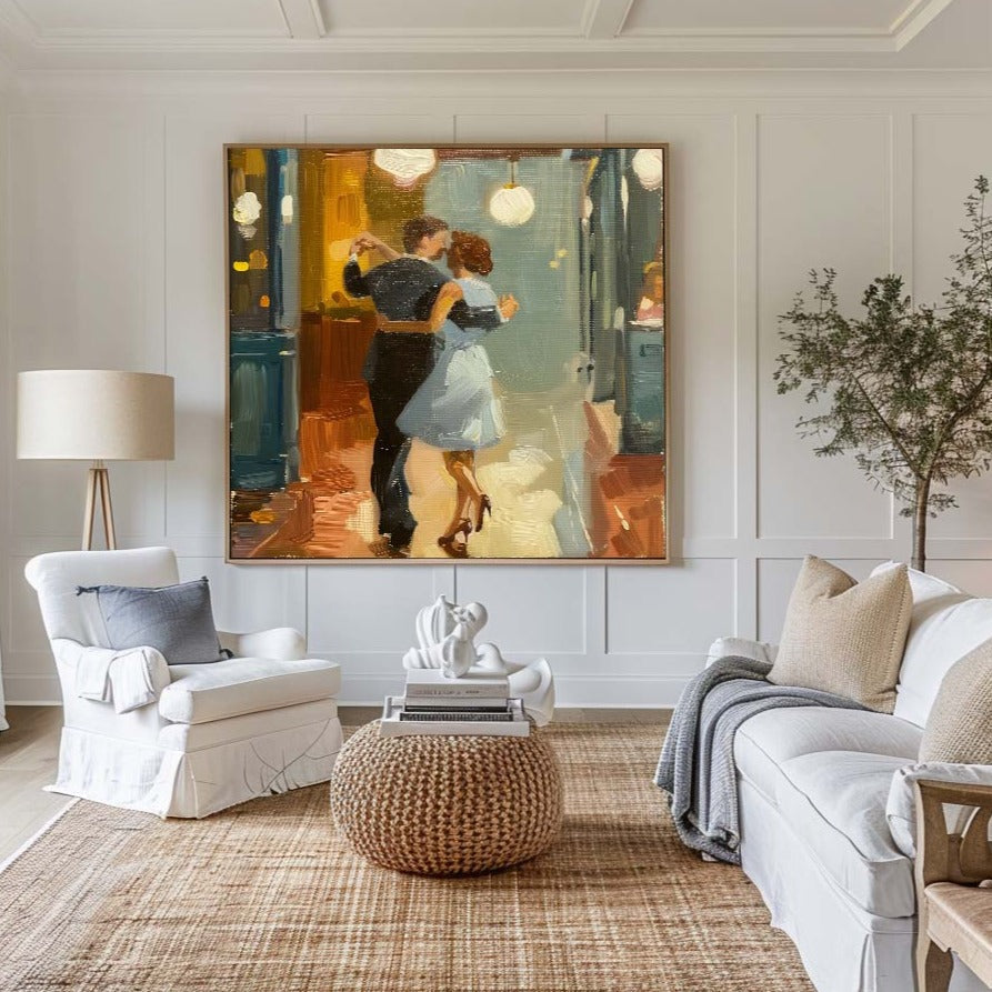 Romantic Dancing Couple Figure  Warm‑Tone Vivid Brushstroke Textured Artwork