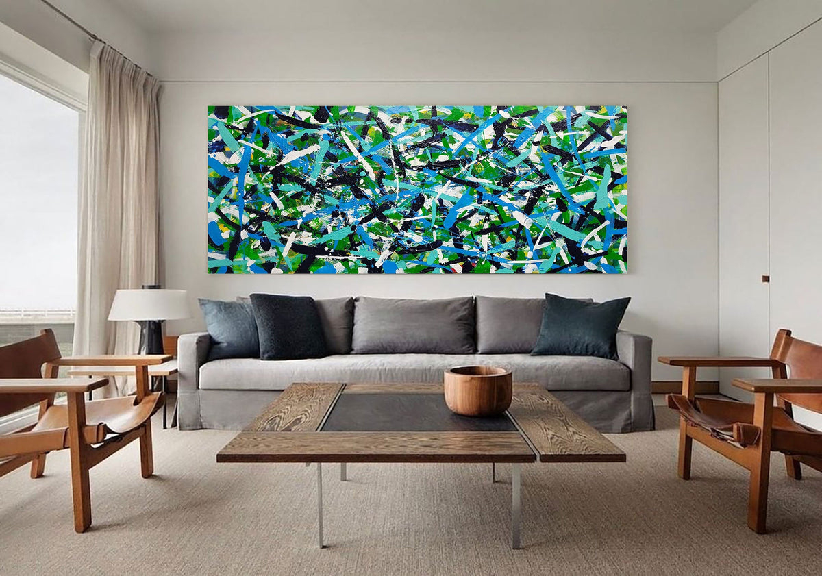Abstract Expressionist Green Blue Teal Black Acrylic on Canvas Painting