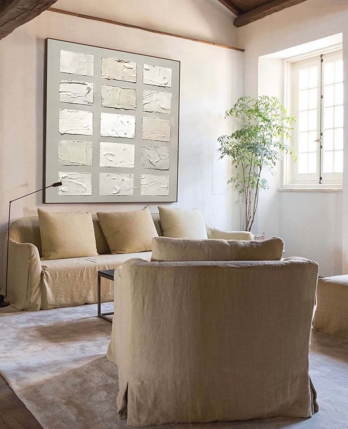 Wabi-Sabi Textured Neutral Tone Grid Oil Painting