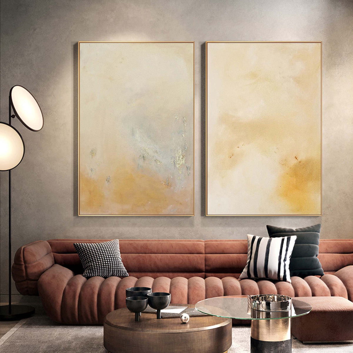 Minimalist Diptych Wall Art Warm Neutrals Gold Leaf